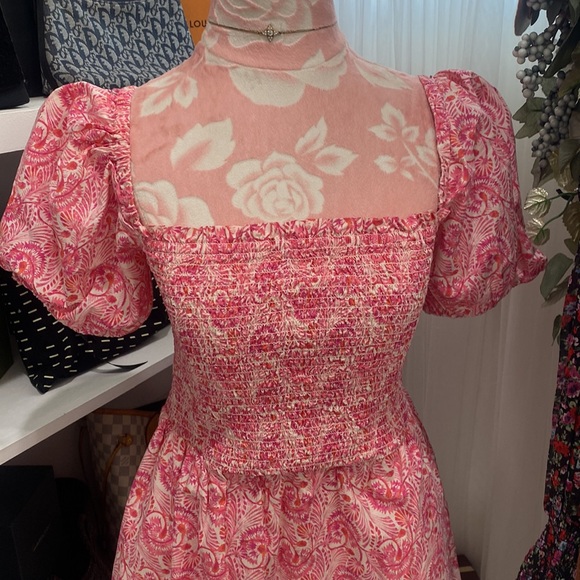 New J. Crew Pink Puff Sleeved Smocked Mini Dandelion Swirl Mini Dress Size S - Picture 5 of 7
